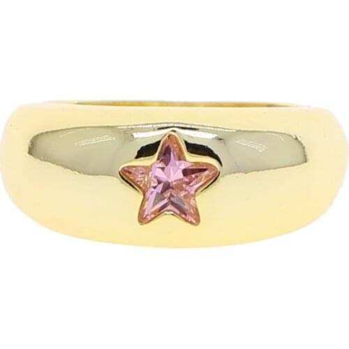 Big Gold Color Dome Ring For Women Single Pink Star Cubic Zirconia Pinky Female Classic Simple Metal Finger Jewelry