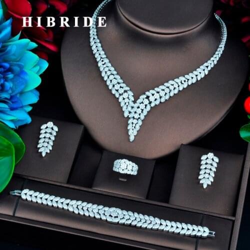 HIBRIDE Brilliant Luxury Design White Gold Color Micro Cubic Zircon Pave Jewelry Sets For Women Bridal Wedding Accessories N-731