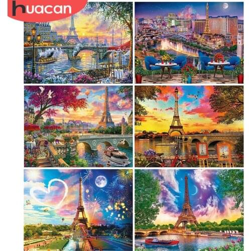 HUACAN Diamond Painting Full Drill Square Round Eiffel Tower Diamond Embroidery Landscape Cross Stitch Handicraft Home Decor