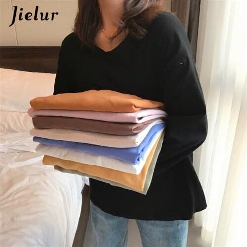 Jielur Spring T Shirt Women Loose Solid Color O-neck Basic Tee Long Sleeve Tshirt Camiseta Mujer New 9 Colors Slim T-shirt
