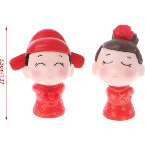 Chinese Bride Groom Figure Miniature Ornaments Smiling Doll Toy Wedding Cake Red