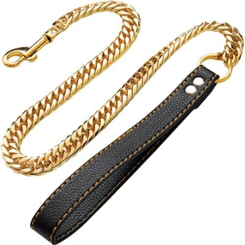 16mm Width Golden Stainless Steel Dog Chain Leash Leather Handle Pet Anti-bite Metal Dog Chain Leash for Medium Large Dogs