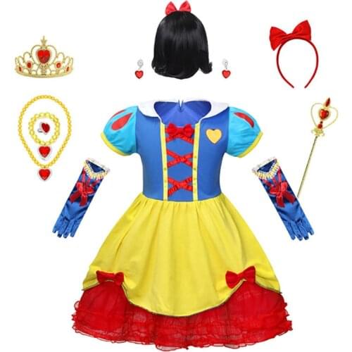 Cute Girls Snow White Coslpay Costumes with Crown Magic Wand Bow Headband for Girl Halloween Princess Red Dresses Canival Dress