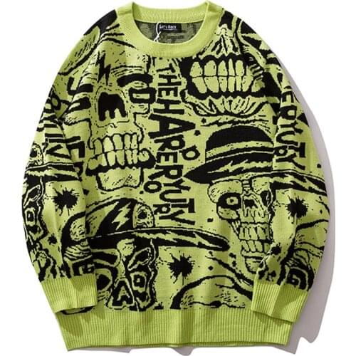 Oversized Streetwear Skull Pattern Mens Sweater Retro Lazy Pullover Trendy Brand Round Neck Fashion Sweater Women 2021 Winter