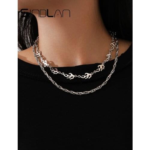 Sindlan 2Pcs Simple Silver Color Flame Chain Necklace Set for Women Punk Hip-Pop Funny Female Fashion Neck Jewelry Gift Collar