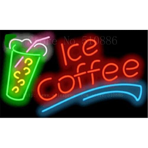 Ice Coffee Neon sign Real Glass Tube Bulbs Light Bar Beer Club Decoration Signboard tea Cappuccino drink 17"x14"