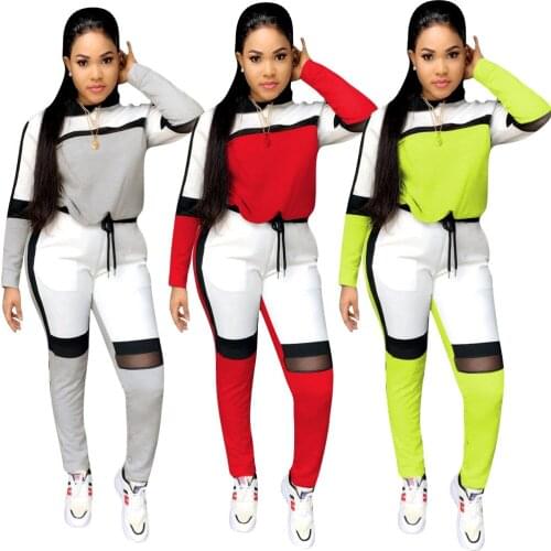 Workout Clothes Two Piece Outfits Matching Set Women Fall Autumn Winter Mesh Patchwork Hooded Hoodies Long Pants Tracksuit 2020