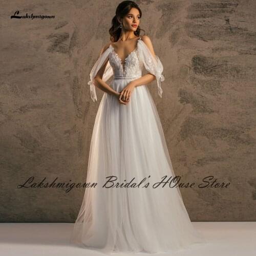 Sexy Bridal Receipt Party Gowns Civil Boho Wedding Dress 2021 Sheer Illusion Lace Back Plunging A Line Wedding Dresses