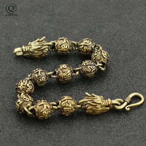 Vintage Copper Buddhism Mantra Beads Chains Dragon Head Bracelets Brass Rosary Bangles Fashion Hip-hop Men Wome Bracelet Jewelry