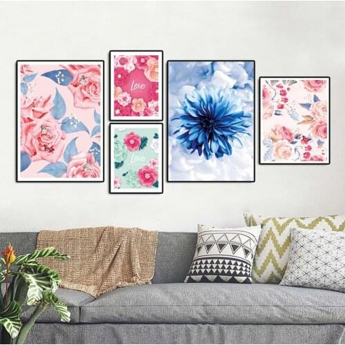 Bright Color Chrysanthemum Pink Rose Flower Canvas Paintings Wall Art Poster for Office Wedding Room Salon Shop Home Decor