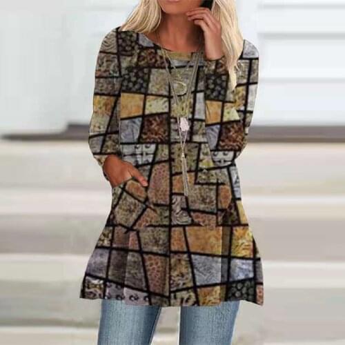 2021 Autumn Long-sleeved Blouse Fashion Vintage O-neck Pocket Spliced Printed Pullover Loose Shirt Ladies Casual Street Tops