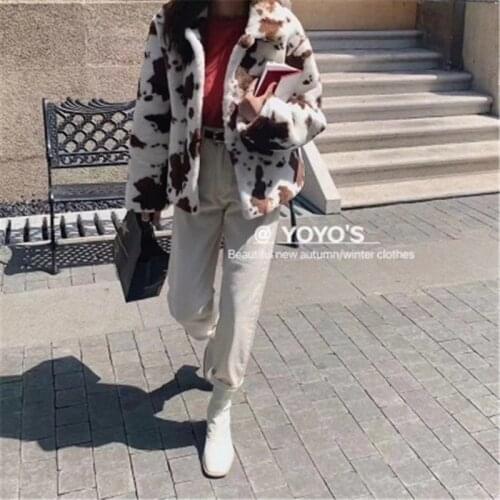 Vintage Womens Thicken Coat Hiver 2020 Korean Style Casual Hit Color Cow Print Short Plush Jacket Female Winter Women Clothes