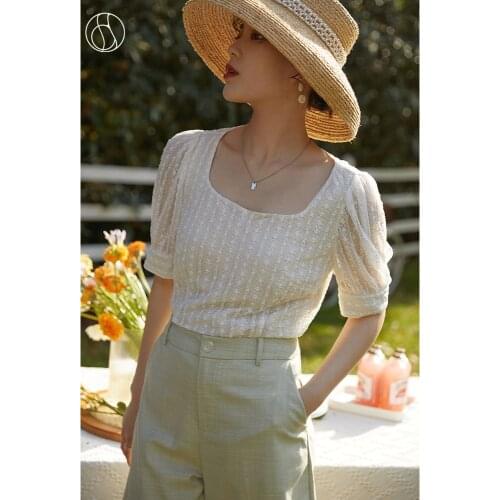 DUSHU Office Lady Retro Square Collar Lace Chiffon Shirt 2021 Summer New Texture Short Sleeve White Shirt Blouse