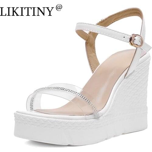 LIKITINY 2021 Summer high heels wedges platform Sandals Wowens shoes Buckle strap Open toe Genuine leather Casual sandals 33