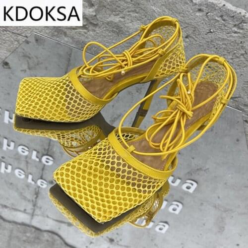 2021 New Sexy Yellow Mesh Pumps Sandals Female Square Toe high heel Lace Up Cross-tied Stiletto hollow Dress shoes