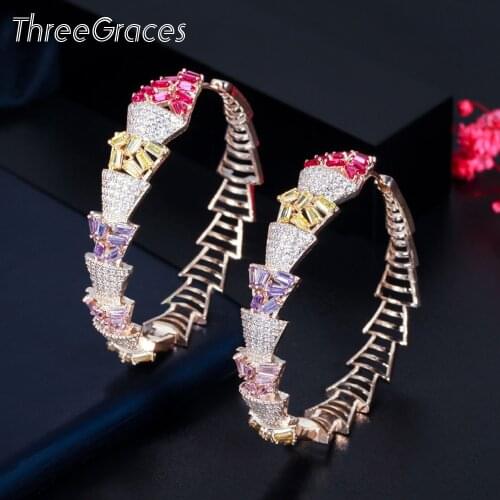 ThreeGraces Sparkling Multicolor Cubic Zirconia Big Geometric Circle Round Hoop Earrings for Women 2021 New Trendy Jewelry ER629
