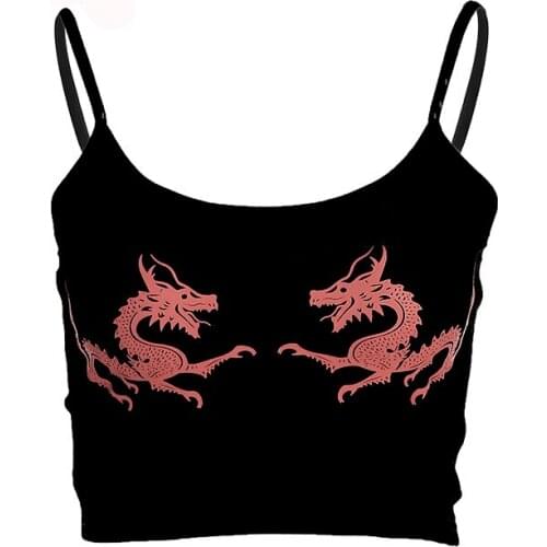 Women Cropped Dragon Print Cami Summer Sexy Black Spaghetti Strap Backless Crop Top 2018 Streetwear Bralet Tops Women