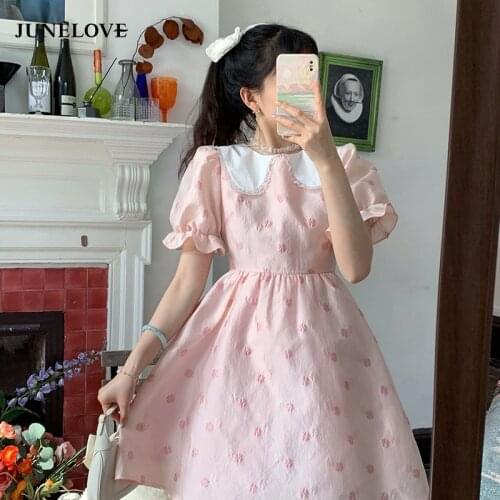 Pink Elegant Floral Dress Women Summer Designer Short Sleeve Sweet Mini Dress Female High Waist Casual Chic Party Cute Clothing