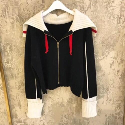 Harajuku Sweater Coat Loose Autumn Contrast Sailor Collar Cardigan Crop Zipper Korean Chic Fashion Jumpers Sueters De Mujer Pull