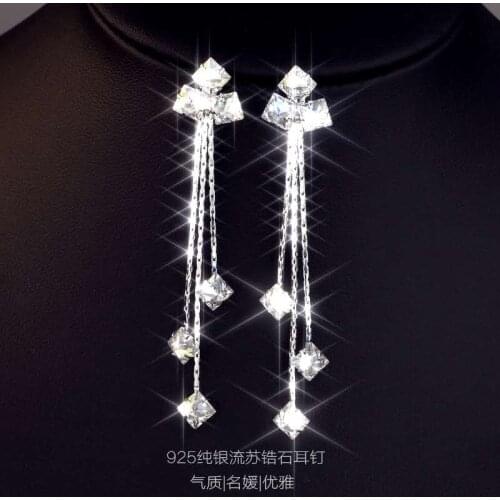 2021 Simple shiny square zircon jewelry Fit Women Crystal from Swarovskis 925 silver needle temperament long earrings female