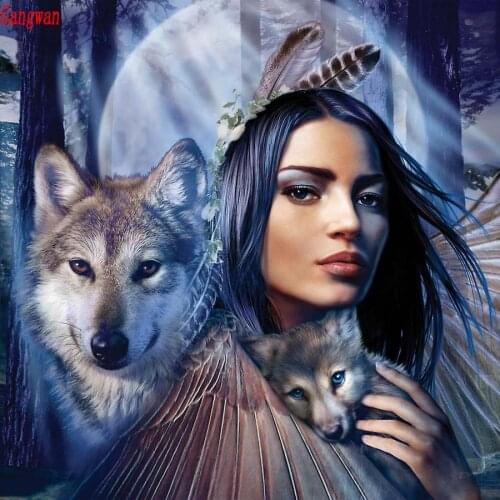 5D Diamond Embroidery Paintings Rhinestone Pasted Indian Women and Wolf Animals Diy Diamond Cross Stitch moon view Room Decor