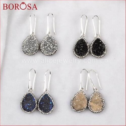 BOROSA multi color druzy dangle drop earrings teardrop titanium druzy crystal quartz charm earrings pave cz gems jewelry JAB467