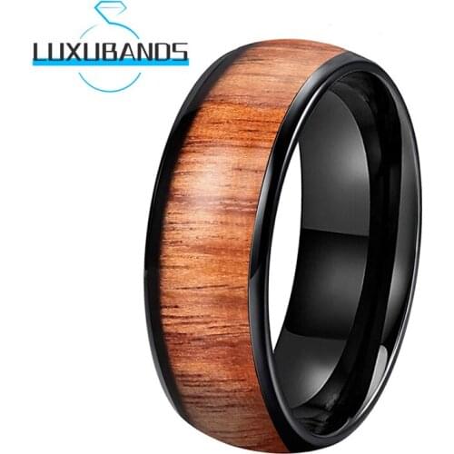 Black 8MM Wedding Rings For Mens Women Real Wood Inlay Engagement Domed Bands Polished Finished Comfort Fit
