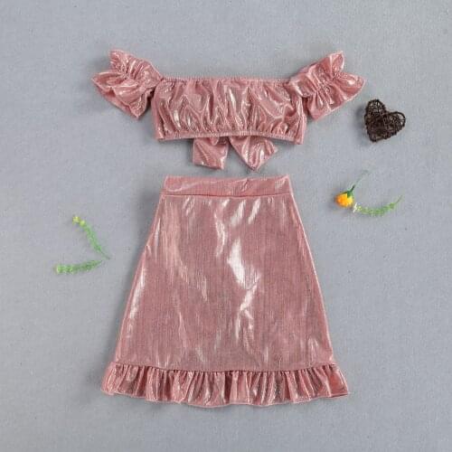 Kids Gold Silk Skirt Set Sleeveless Crop Tops With Bowknot Ruffle Skirt For Summer Formal Party Ball