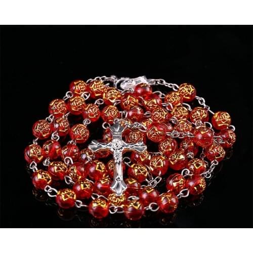 8mm Round Rose Bead Necklace, Heart-shaped Rosary Jesus Pendant in Catholic Virgin Mary Center