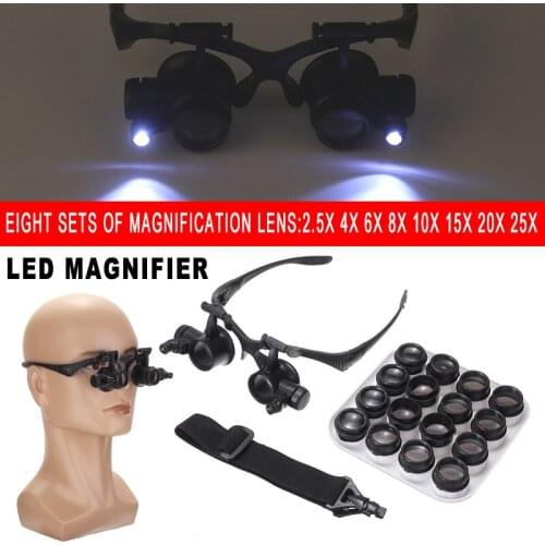 8 Set 2.5X-25X Watchmaker Jeweler Loupe Head Glasses Magnifier With LED Wearing Style Magnification 16 Lenses