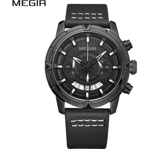 MEGIR Multi-function Sport Mens Watch Chronograph Waterproof Army Military Watch Men Auto Date Fashion Watch Leather Band Clock