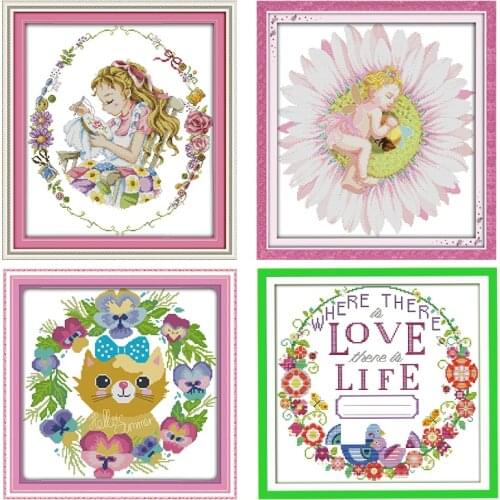 Sunflower Angel Joy Sunday Stamped Cross Stitch Kits Patterns Printed 14CT 11CT Counted Handmade Embroidery Needlework Decor Set