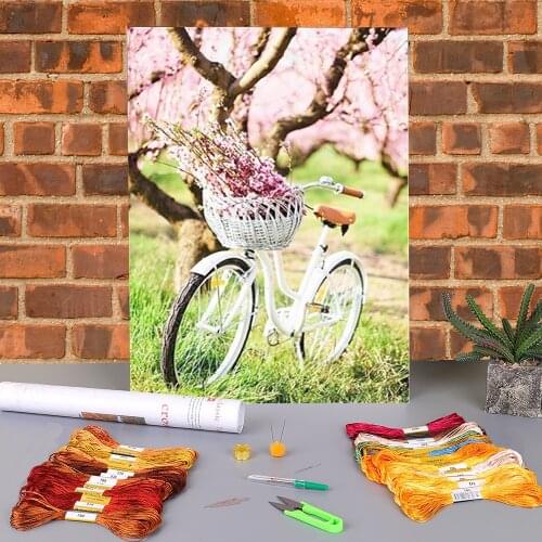 Bicycle Flower Pink Printed 11CT Cross-Stitch Complete Kit DIY Embroidery DMC Threads Sewing Handiwork Handmade Hobby Jewelry