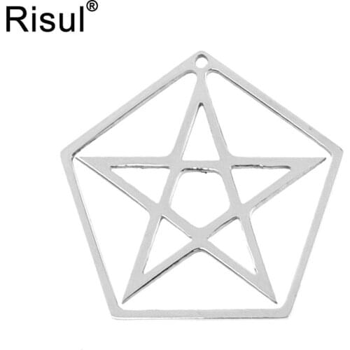 Risul Pentacle Charm Necklace with ball chain pentagram in pentagon pendant polish stainless steel wholesale 50pcs