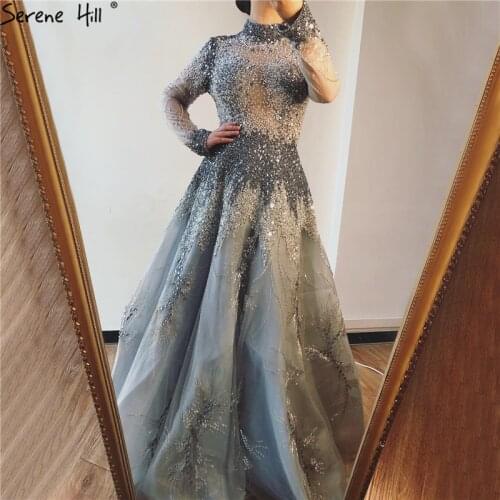 Serene Hill Muslim Grey Luxury Long Sleeves Evening Dress 2020 Latest Design Crystal Glitter High Neck Evening Gown CLA60975