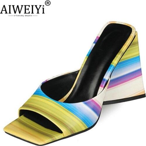 AIWEIYi Women Slippers Patent Leather Square toe Block High Heels Flip Flops Summer Sandal Shoes Woman Female Mules Slippers