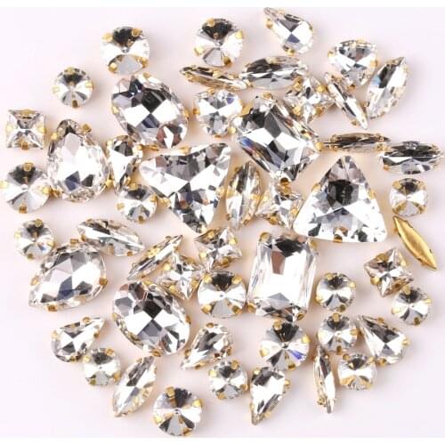 Gold claw setting 50pcs/bag shapes mix clear glass crystal sew on rhinestone wedding dress shoes bags diy trim