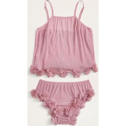 Women Pink Mesh Sheer Pyjamas Lingerie Perspective Pajamas Home Clothes Nightie Neck Lace Bralette Sleepwear