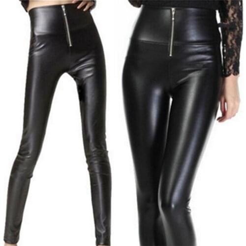 WKOUD Spring PU Leather Legging For Women High Waist Leggings With Zip 2019 Solid Black Streetpants Skinny Pants P8732