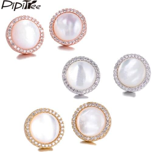 Pipitree Elegant Natural Shell Earrings for Women Lady 13MM Round Stud Earrings with Cubic Zirconia Fashion Jewelry Gift
