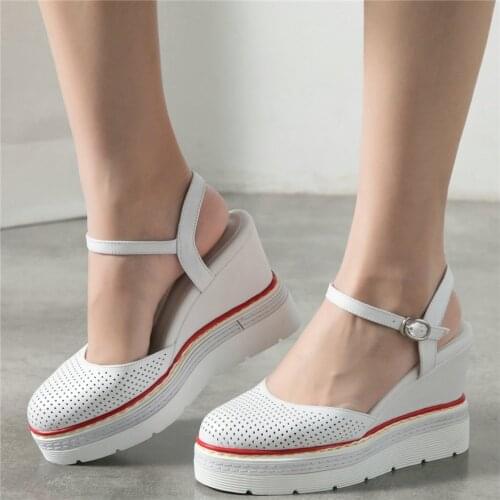 2020 Women Ankle Strappy Genuine Leather Wedges High Heel Gladiator Roman Sandals Female Summer Rounde Toe Platform Pumps Shoes