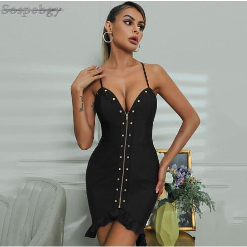 Sexy Women Spaghetti Strap V-neck Bandage Dress Irregular Ruffle Front Zipper Rivet Design Bodycon Mini Party Dress 2021 New