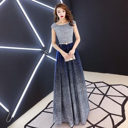 Evening Dress Fashion Shining Gradient Blue o-neck Party Gown Sleeveless Lace Up Elegant Formal Dresses