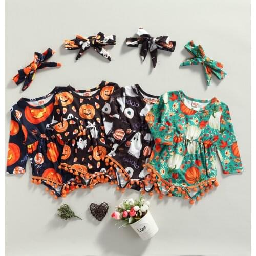 Halloween Baby Girls Clothes Set Long Sleeve Round Collar Cartoon Printed Romper Jumpsuit Knot Headdress Outfits 2pcs 2021
