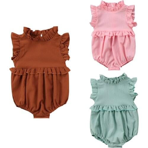 Newborn Baby Girl Ruffle Solid Color Bodysuit Infant Girls Sleeveless Jumpsuit Playsuit Summer One Piece Outfit Clothes 0-24M