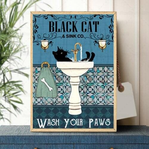 Black Cat Wash Your Paws Poster Black Cat Canvas Painting for Pet Lovers Gift Funny Bathroom Decor