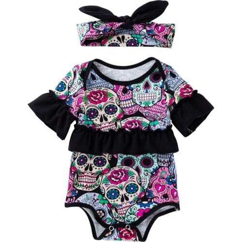 Baby Halloween Cotton Cute Jumpsuit Skull Print Ruffled Short Sleeved with Headdress Baby Commemorative Photo Costumes Open File