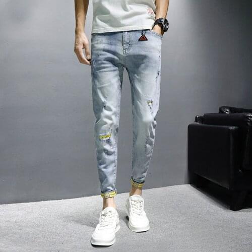 Denim Jeans Men\s 2021 Autumn Thin Korean Mens Teenagers Small Feet Casual Ripped Holeankle Length Pants