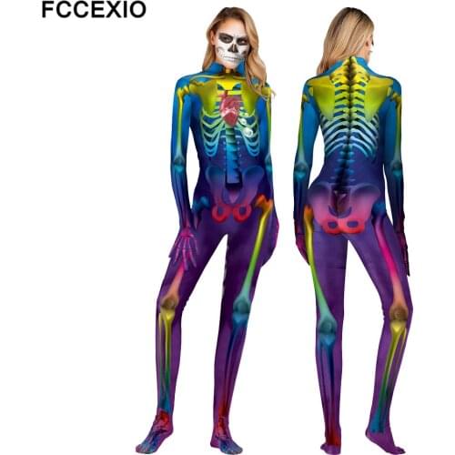 FCCEXIO Halloween 3D Print Sexy Bodysuits Women Plus Size Long Sleeve Cosplay New Party Tight Skull Sox jumpsuits