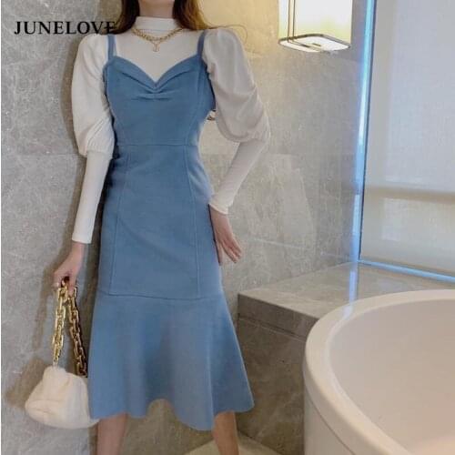 JuneLove Spring Sweet Dress Women Elegant Trumpet Party Slim Midi Dress Female Office Lady French High Street Korean Dress Women